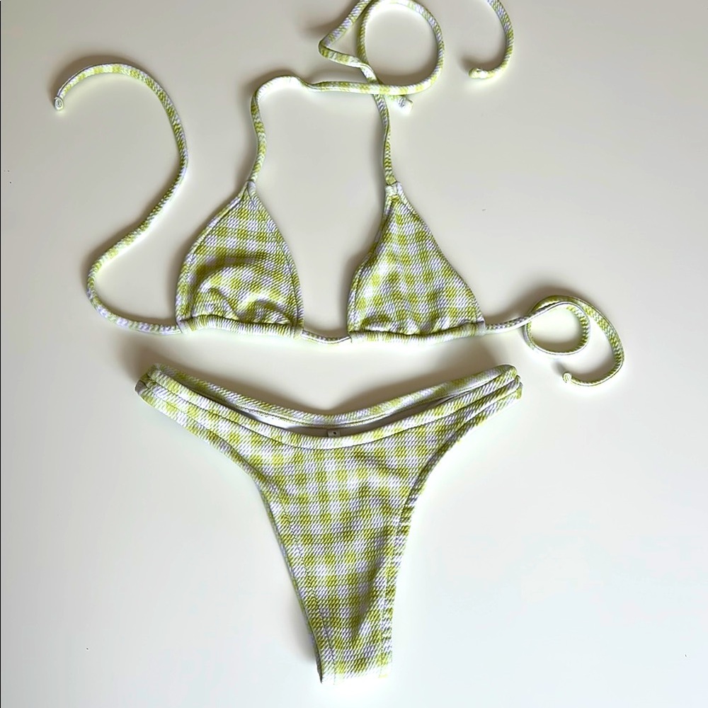 Women’s Green Gingham Textured Triangle Bikini - Classic Tie String Set